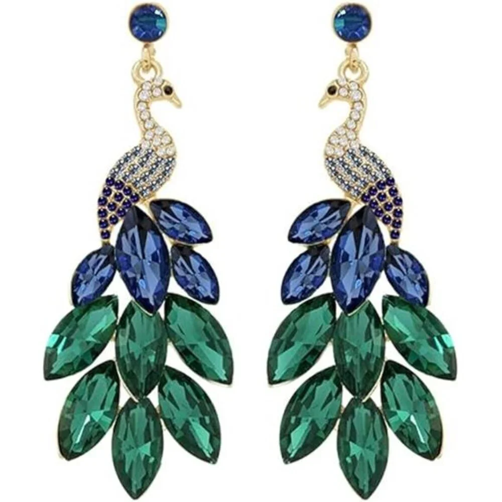 Peacock Dangle Earrings 14K Gold Plated Multicolors Crystal Feather